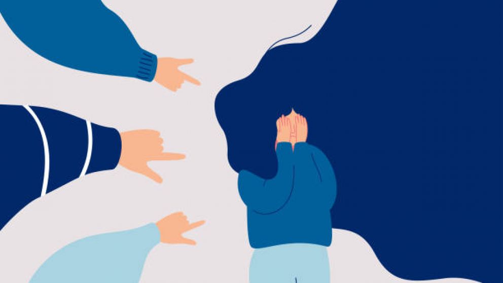 Children engage in bullying behavior towards a school girl. Depressed girl cries and covers her face with her hands. Female surrounded by the hands of her peers pointing at her. Human character vector