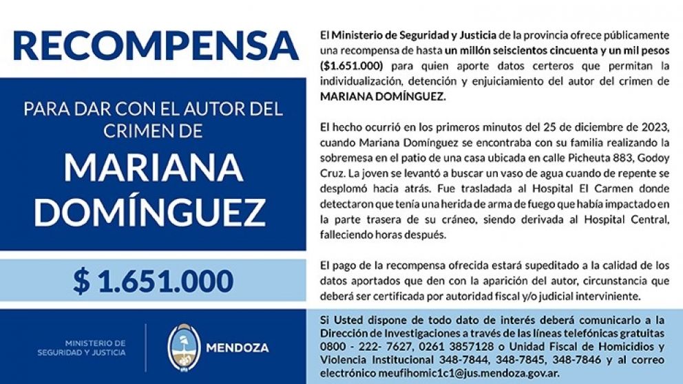 Recompensa: m�s de un millon y medio de pesos para dar con el autor del disparo que mat� a una joven en Nochebuena
