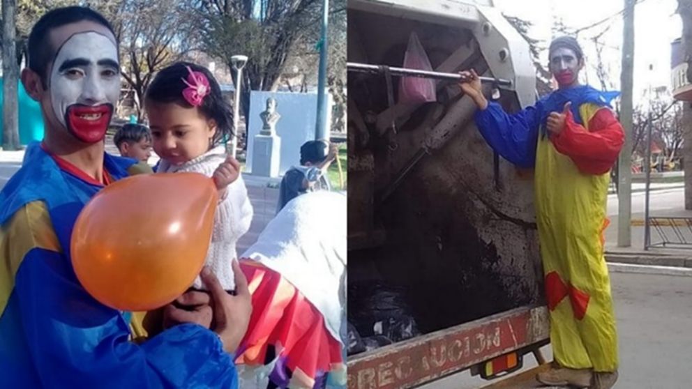Es recolector y se viste de payaso para alegrar a los chicos mientras recorre las calles de San Carlos